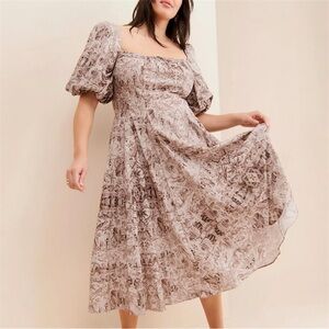 SELKIE Day Dress Toile Sepia Cotton Puff Sleeve Cottage Peasant Vintage Style XS